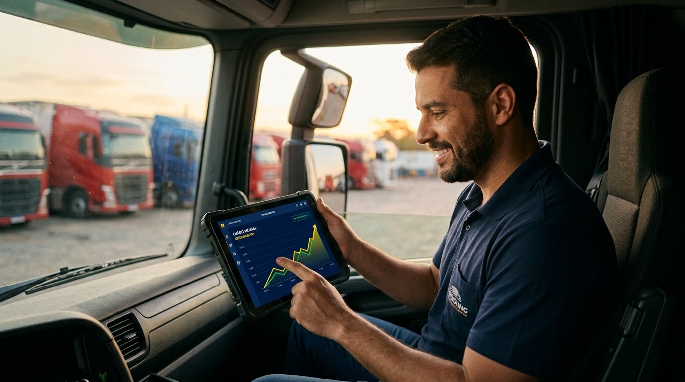 Motorista de caminhão conferindo resultados de lucro no tablet